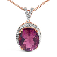 14K Rose Gold Vermeil Sterling Silver 1/5 Cttw Diamond Pink Quartz Oval Pendant Necklace
