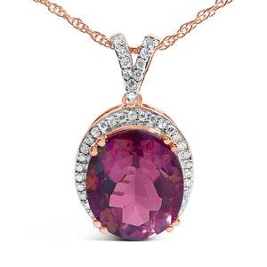 14K Rose Gold Vermeil Sterling Silver 1/5 Cttw Diamond Pink Quartz Oval Pendant Necklace-1