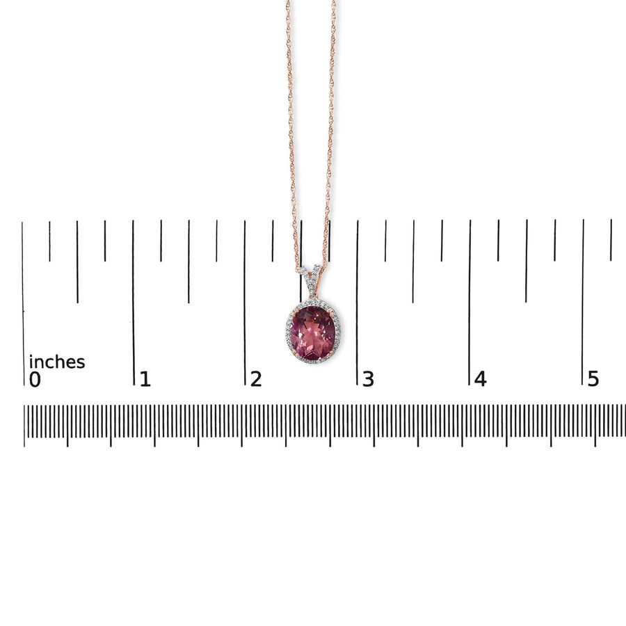14K Rose Gold Vermeil Sterling Silver 1/5 Cttw Diamond Pink Quartz Oval Pendant Necklace