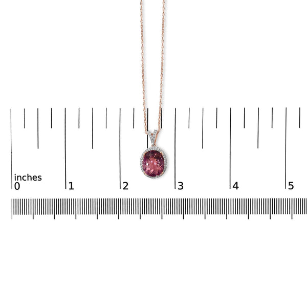 14K Rose Gold Vermeil Sterling Silver 1/5 Cttw Diamond Pink Quartz Oval Pendant Necklace