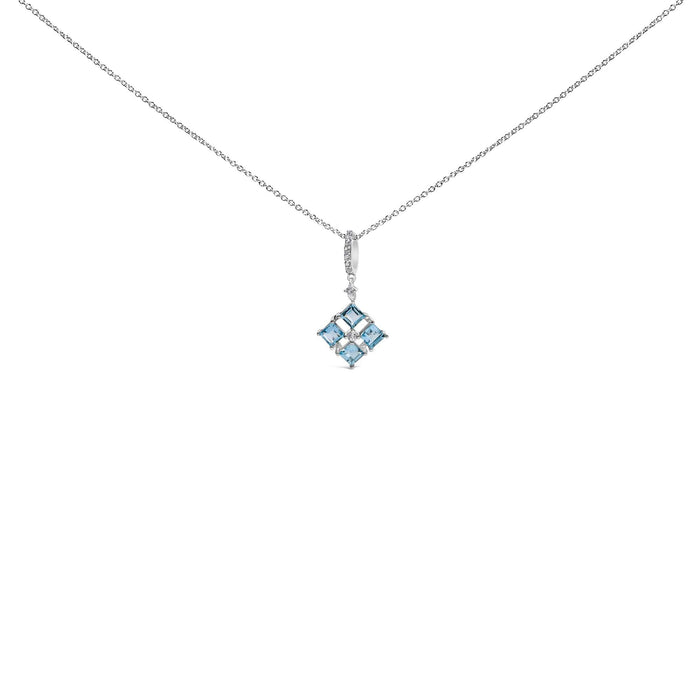 Sterling Silver Blue Topaz and White Sapphire Square Motif Pendant Necklace 18 Inch