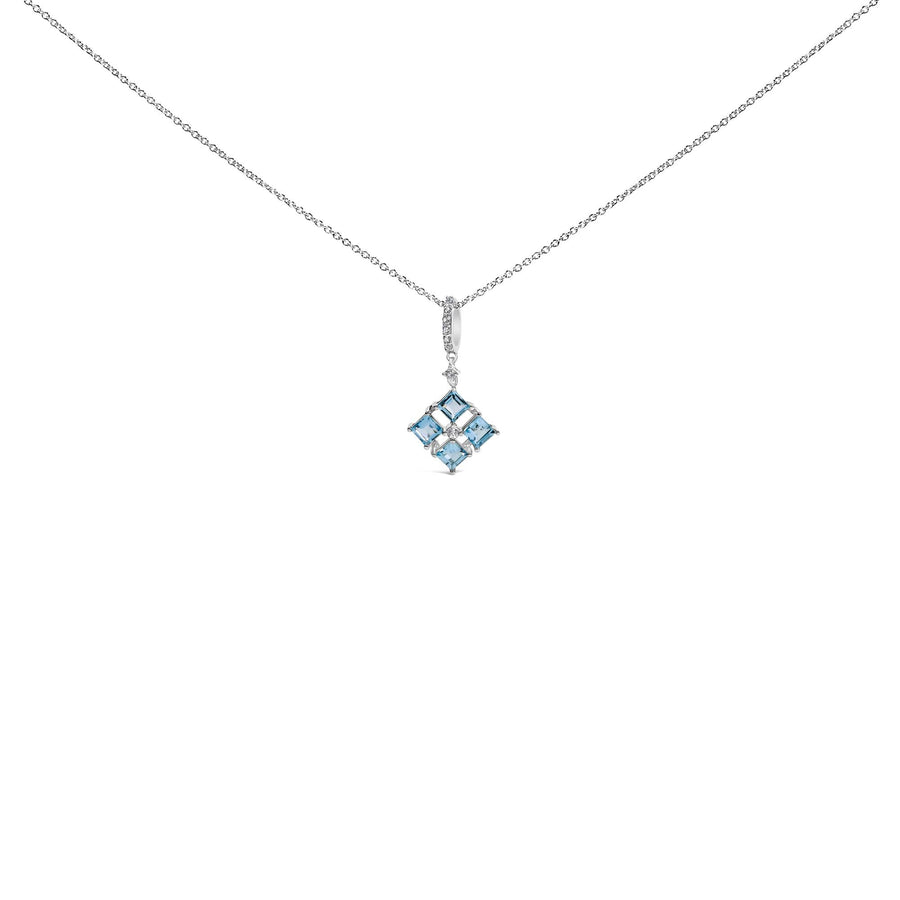 Sterling Silver Blue Topaz and White Sapphire Square Motif Pendant Necklace 18 Inch