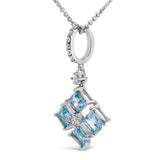 Sterling Silver Blue Topaz and White Sapphire Square Motif Pendant Necklace 18 Inch-3 thumbnail 4