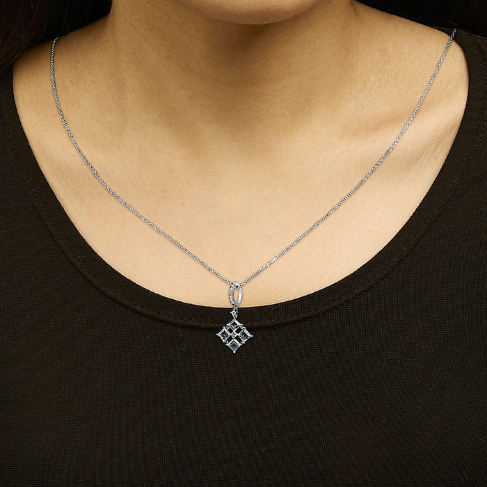 Sterling Silver Blue Topaz and White Sapphire Square Motif Pendant Necklace 18 Inch