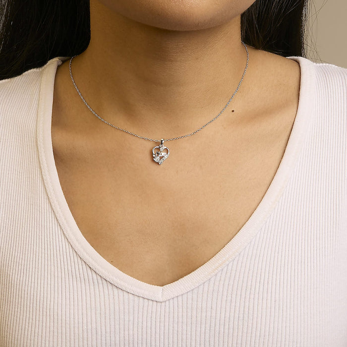 .925 Sterling Silver Diamond Accent Mom with Heart Pendant Necklace (J-K Color, I2-I3 Clarity) - 18