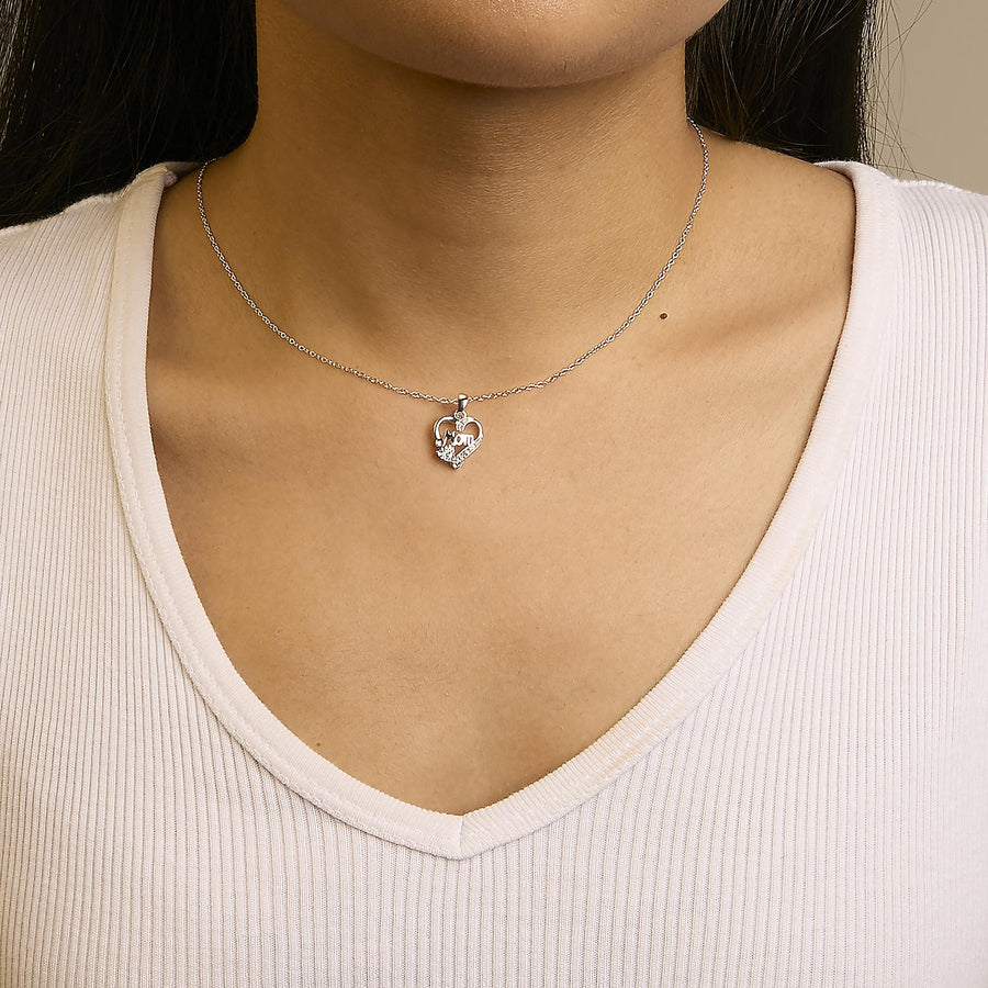 .925 Sterling Silver Diamond Accent Mom with Heart Pendant Necklace (J-K Color, I2-I3 Clarity) - 18