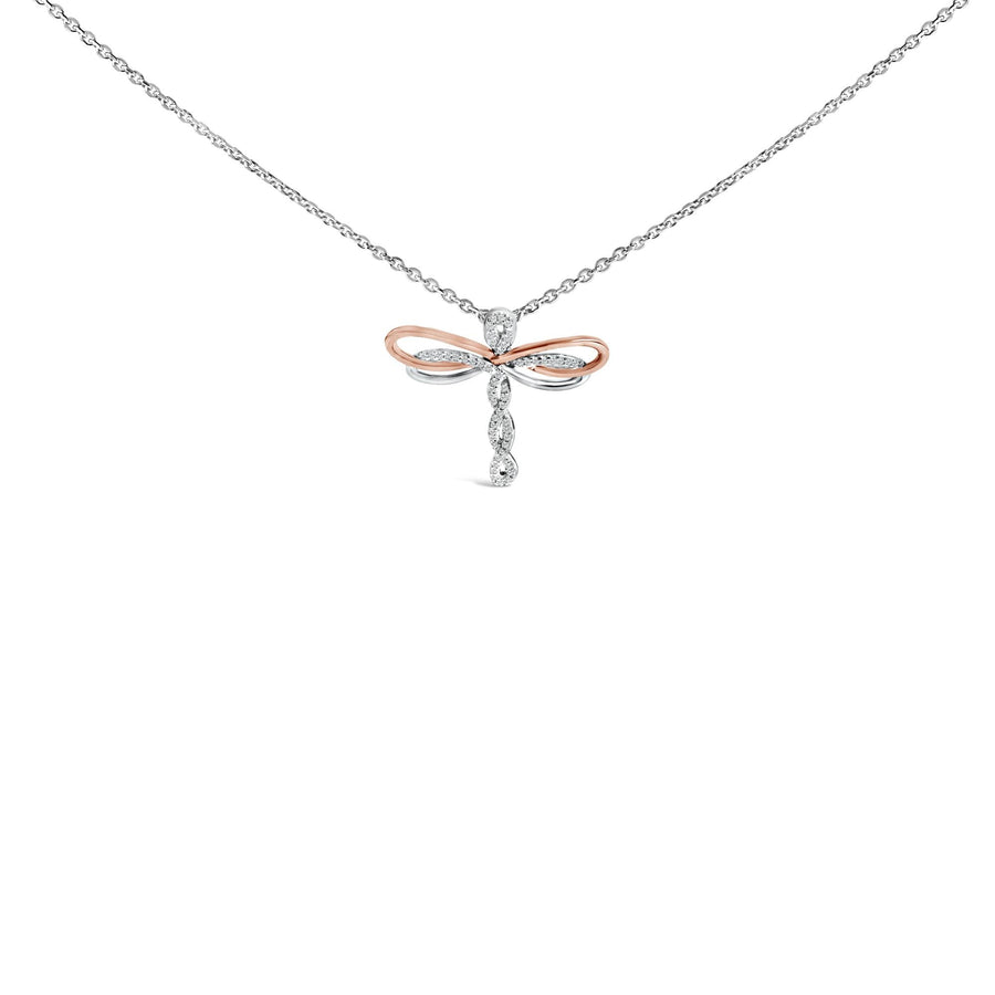 14K Rose Gold Plated Sterling Silver 1/10 Cttw Diamond Dragonfly Pendant Necklace