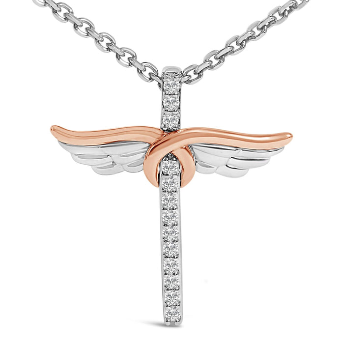 14K Rose Gold Plated Sterling Silver 1/5 Cttw Diamond Wing Cross Pendant Necklace