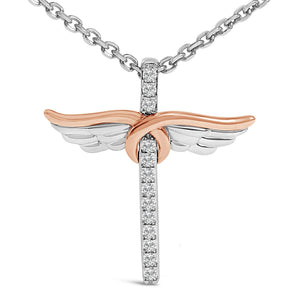 14K Rose Gold Plated Sterling Silver 1/5 Cttw Diamond Wing Cross Pendant Necklace-1
