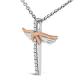 14K Rose Gold Plated Sterling Silver 1/5 Cttw Diamond Wing Cross Pendant Necklace-3 thumbnail 4