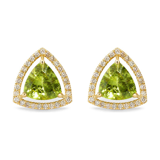 18K Yellow Gold Trillion Green Peridot and 1/2 Cttw Diamond Halo Stud Earrings