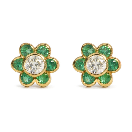 18K Yellow Gold Green Emerald and 1/5 Cttw Diamond Bezel-Set Floral Stud Earrings