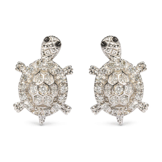 18K White Gold 1/4 Cttw White and Black Diamond Sea Turtle Stud Earrings