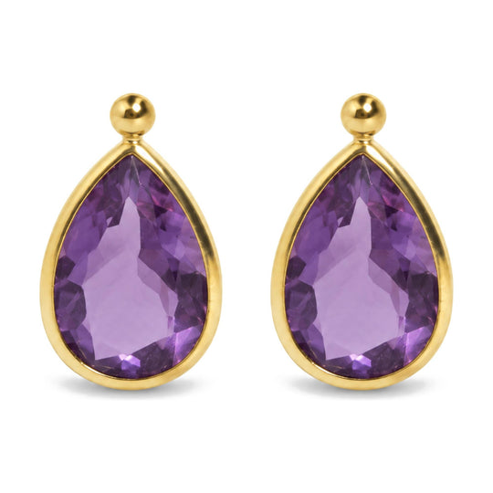 18K Yellow Gold Pear-Shaped Purple Amethyst Bezel-Set Drop Earrings with Ball Tops