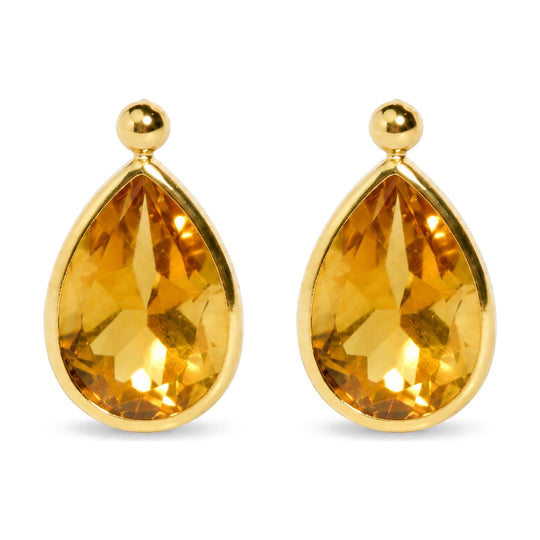 18K Yellow Gold Pear-Shaped Citrine Bezel-Set Drop Earrings with Polished Ball Tops
