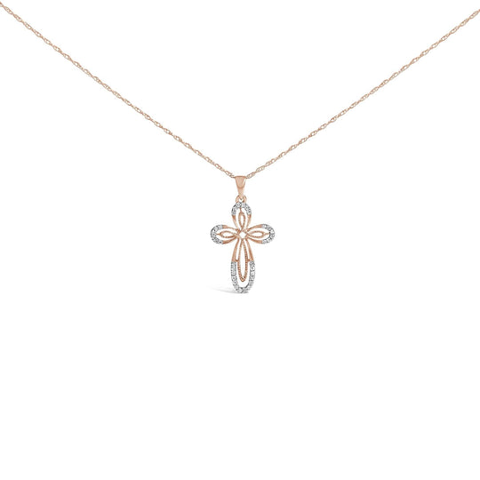 10K Rose Gold Plated Sterling Silver 1/6 Cttw Diamond Double Loop Cross Pendant Necklace-0