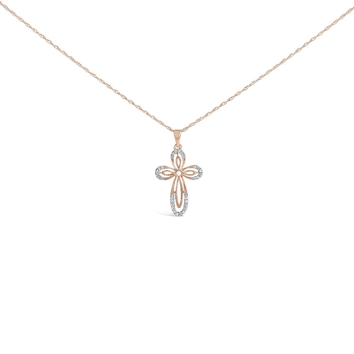 10K Rose Gold Plated Sterling Silver 1/6 Cttw Diamond Double Loop Cross Pendant Necklace