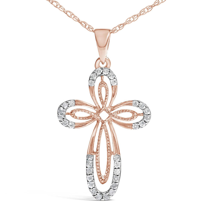 10K Rose Gold Plated Sterling Silver 1/6 Cttw Diamond Double Loop Cross Pendant Necklace