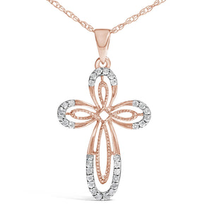 10K Rose Gold Plated Sterling Silver 1/6 Cttw Diamond Double Loop Cross Pendant Necklace-1