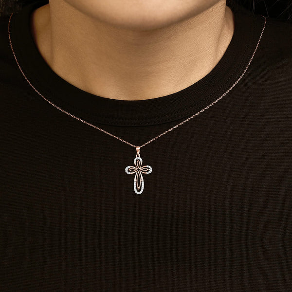10K Rose Gold Plated Sterling Silver 1/6 Cttw Diamond Double Loop Cross Pendant Necklace