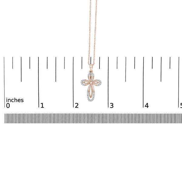 10K Rose Gold Plated Sterling Silver 1/6 Cttw Diamond Double Loop Cross Pendant Necklace