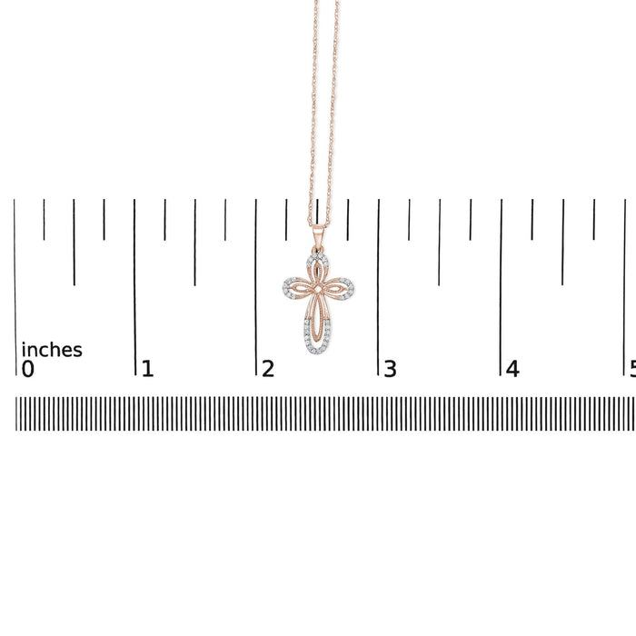 10K Rose Gold Plated Sterling Silver 1/6 Cttw Diamond Double Loop Cross Pendant Necklace