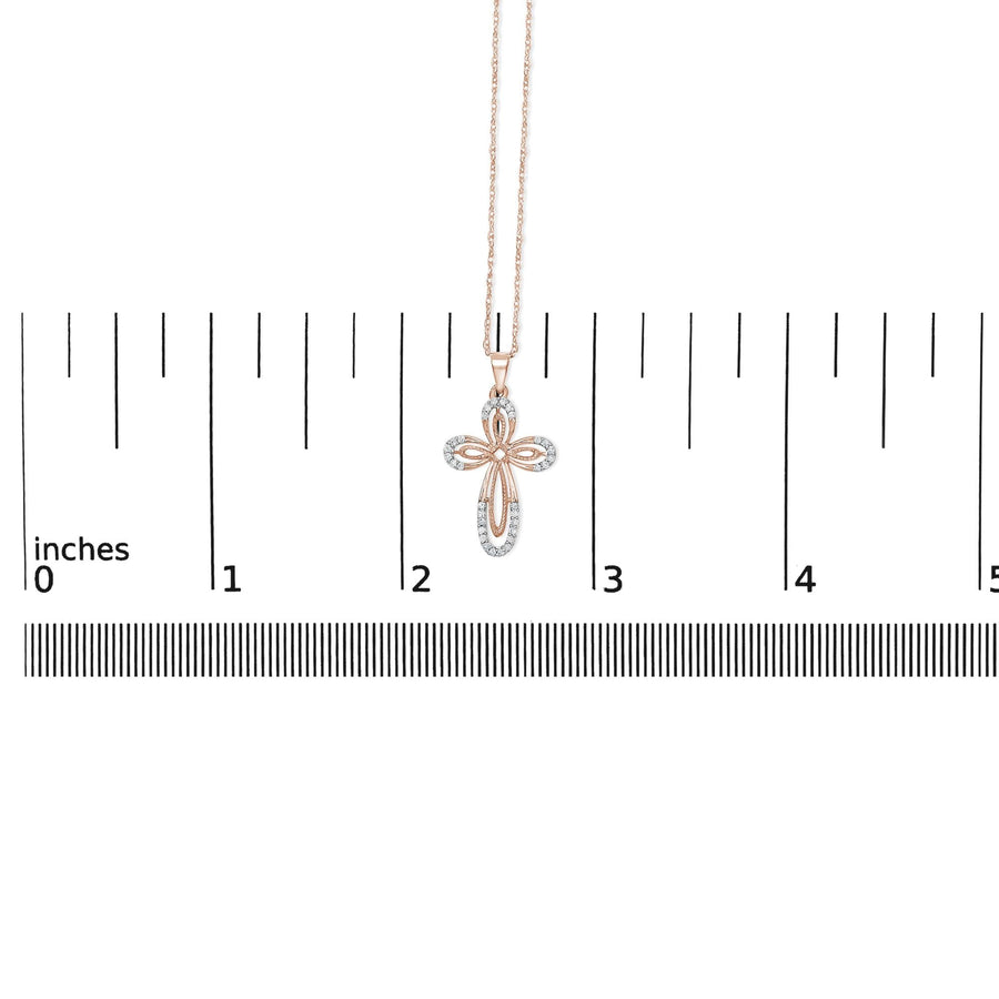 10K Rose Gold Plated Sterling Silver 1/6 Cttw Diamond Double Loop Cross Pendant Necklace