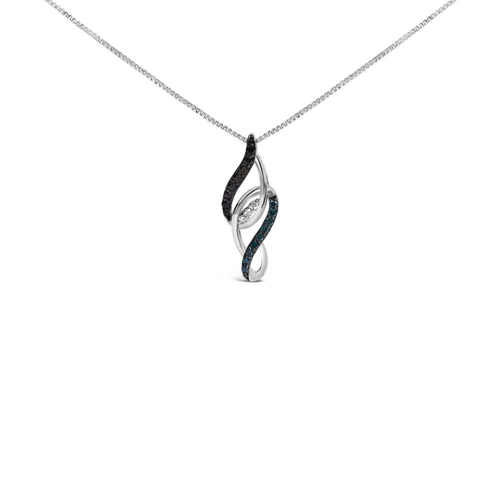 Sterling Silver 1/4 Cttw Black Blue White Diamond Linear Swirl Pendant Necklace