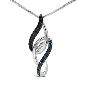 Sterling Silver 1/4 Cttw Black Blue White Diamond Linear Swirl Pendant Necklace-1