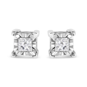 .925 Sterling Silver Miracle Set Princess-cut Diamond Solitaire Stud Earrings (H-I Color, SI2-I1 Clarity)-1