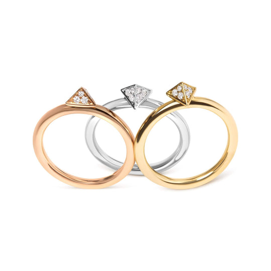 14K tri-color gold pyramid stackable ring set with pave diamond stones
