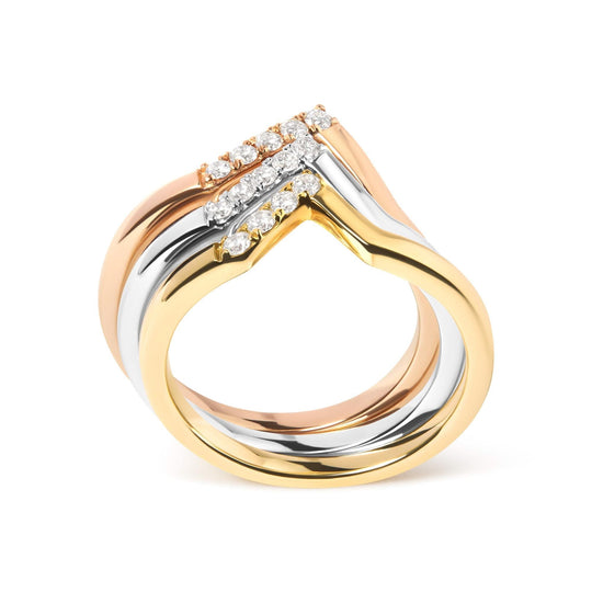 14K gold chevron stackable ring set with round diamond stones, size 7