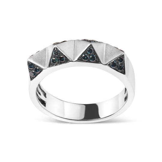 14K white gold pyramid band ring with treated blue diamond stones