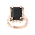 14K rose gold ring with emerald-cut black onyx and halo diamond stones