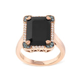 14K rose gold ring with emerald-cut black onyx and halo diamond stones thumbnail 1