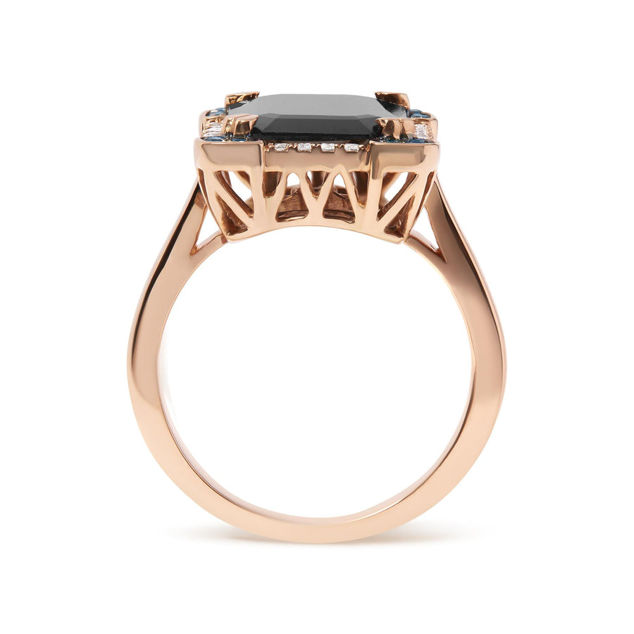 14K Rose Gold 15x10 MM Emerald-Cut Black Onyx and 1/5 Cttw Blue and White Diamond Halo Cocktail Ring (G-H Color, SI1-SI2 Clarity)- Size 7