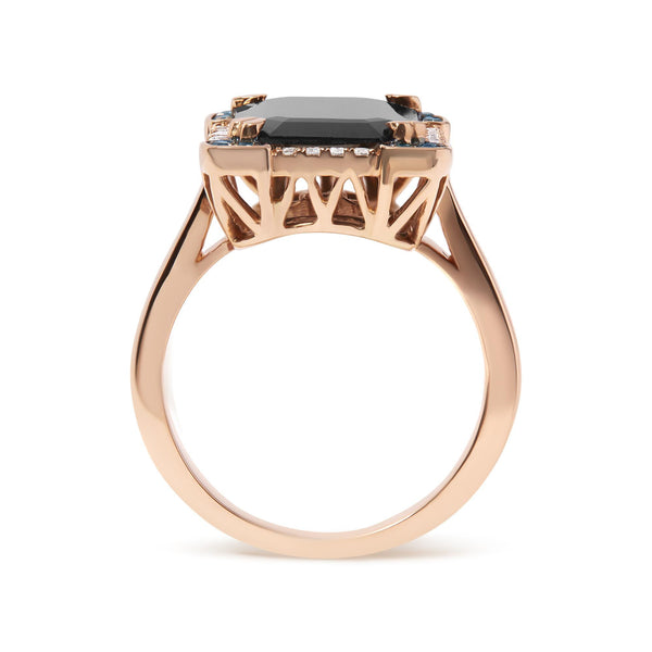 14K Rose Gold 15x10 MM Emerald-Cut Black Onyx and 1/5 Cttw Blue and White Diamond Halo Cocktail Ring (G-H Color, SI1-SI2 Clarity)- Size 7