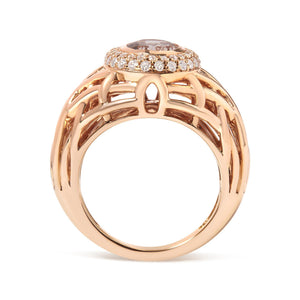 14K Rose Gold Oval Cut Light Pink Morganite and 3/8 Cttw Diamonds Halo and Basket Weave Cocktail Ring (G-H Color, SI1-SI2 Clarity) - Size 7-1