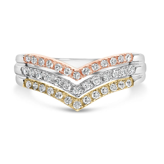 10K Gold Plated Sterling Silver 1/3 Cttw Tri-Color Chevron Diamond Stackable Ring-0