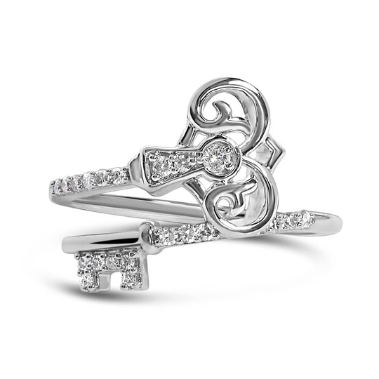 925 sterling silver key and keyhole ring with small round diamond stones