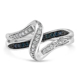 925 sterling silver crossover ring with blue and white diamond stones thumbnail 1