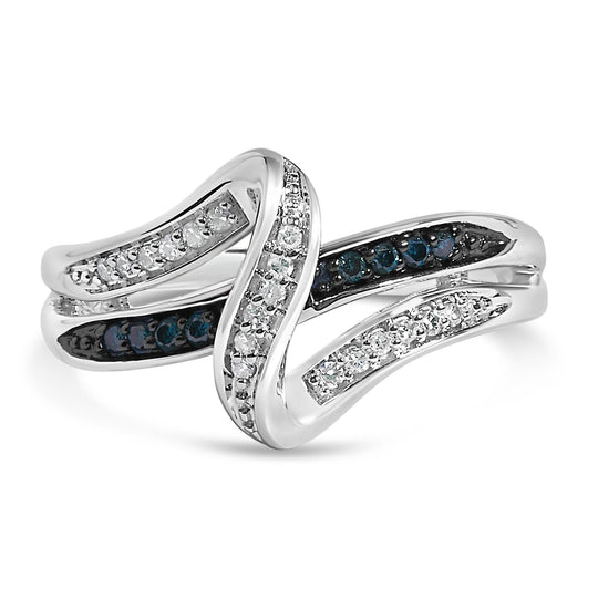 925 sterling silver crossover ring with blue and white diamond stones