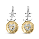 18K yellow gold heart drop earrings with hammered finish and diamond accents thumbnail 1