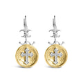 18K yellow gold drop earrings with round diamond medallion and cross