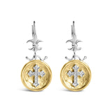 18K yellow gold drop earrings with round diamond medallion and cross thumbnail 1