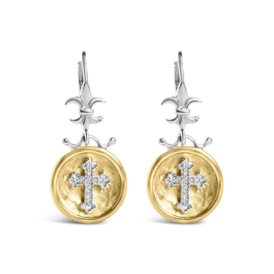 18K yellow gold drop earrings with round diamond medallion and cross