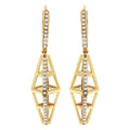 14K yellow gold drop earrings with round diamond stones in geometric pillars