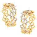 14K yellow gold hoop earrings with round diamond stones in honeycomb pattern