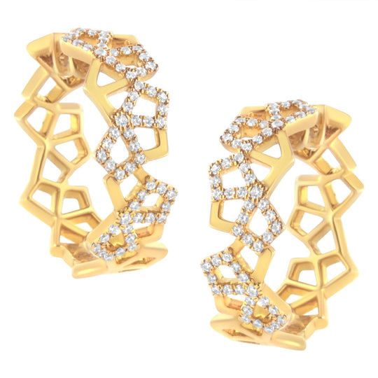 14K yellow gold hoop earrings with round diamond stones in honeycomb pattern