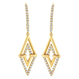 14K yellow gold double triangle drop earrings with round diamond stones thumbnail 1